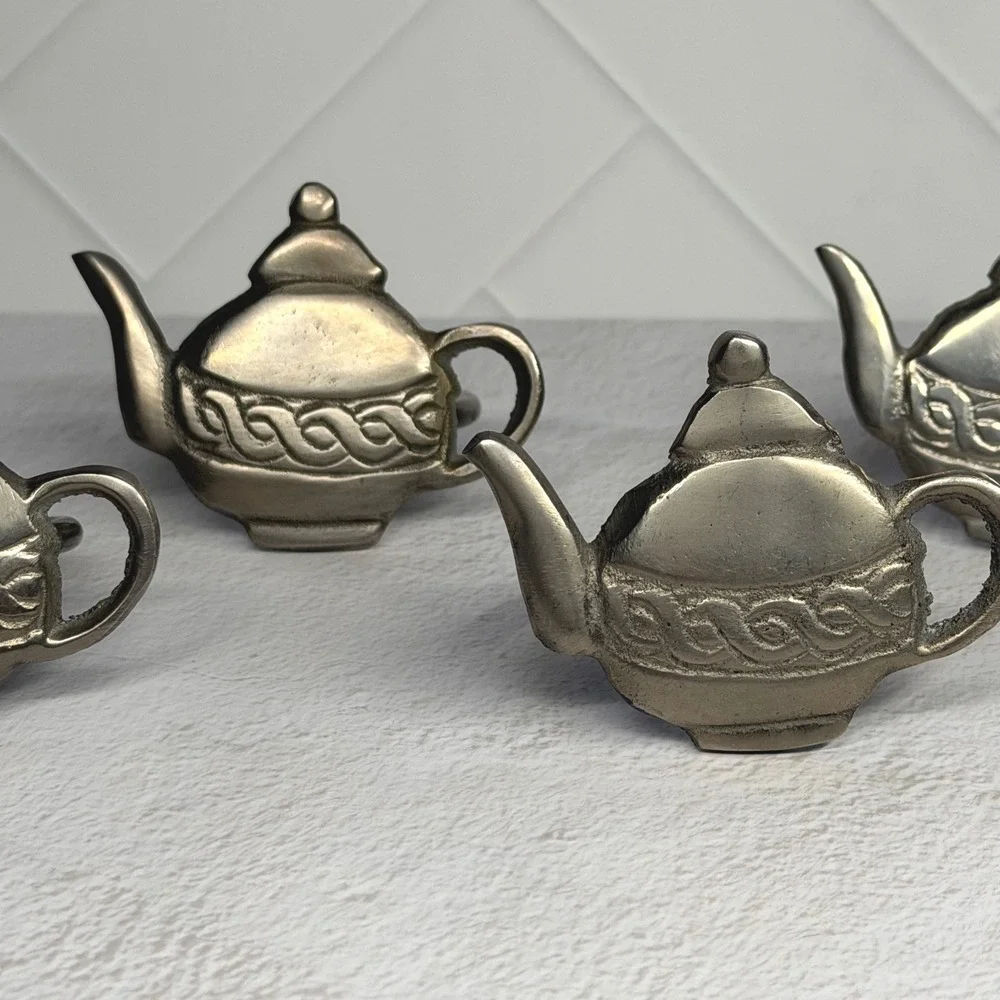 Set of 6 Teapot Napkin Rings Silver Tone Metal Celtic Knot Table Decor Vintage